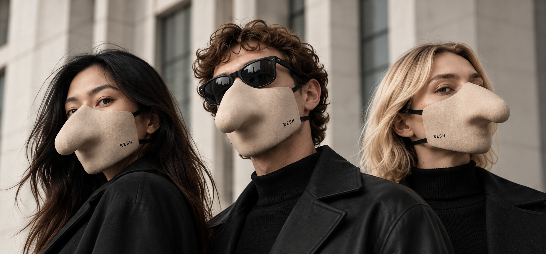Three people wearing RESH masks